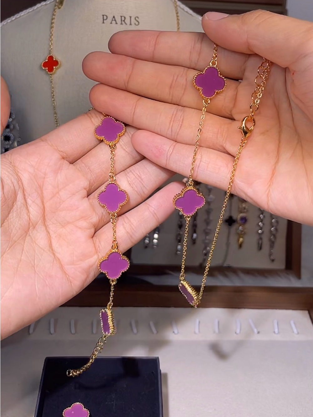 Elegant Purple Clover Station Gold Necklace and Bracelet Set